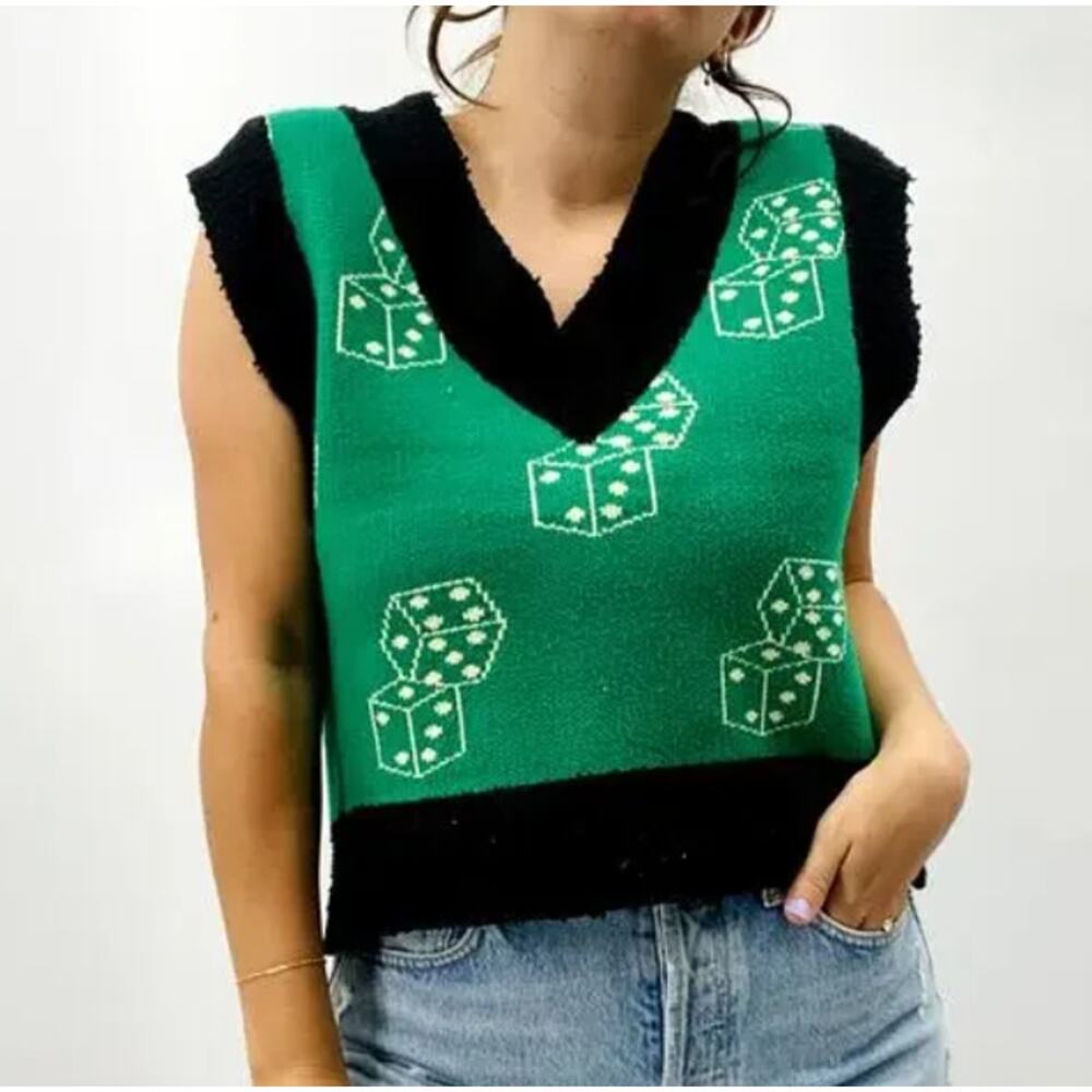 Urban Outfitters Size M Dice Sweater Vest Green Black Sleeveless Gambler Casino